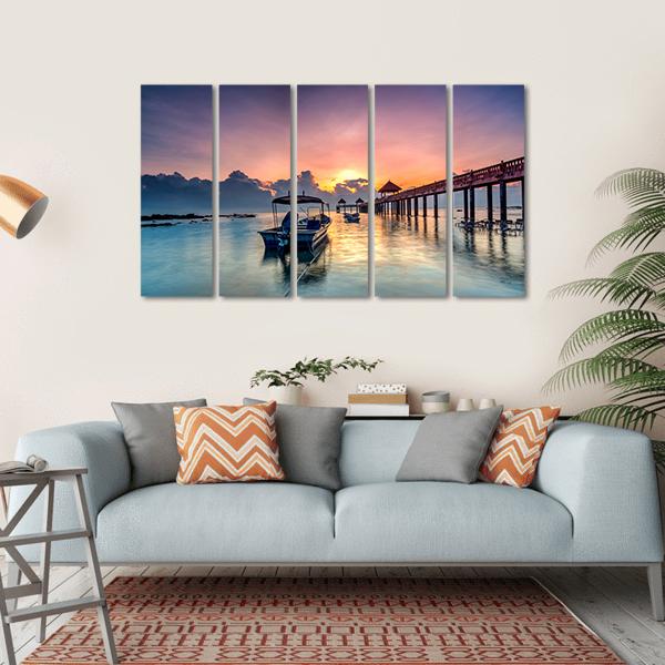 Sunrise With Stone Jetty Canvas Wall Art-5 Horizontal-Gallery Wrap-22" x 12"-Tiaracle