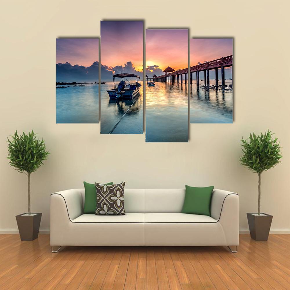 Sunrise With Stone Jetty Canvas Wall Art-4 Pop-Gallery Wrap-50" x 32"-Tiaracle