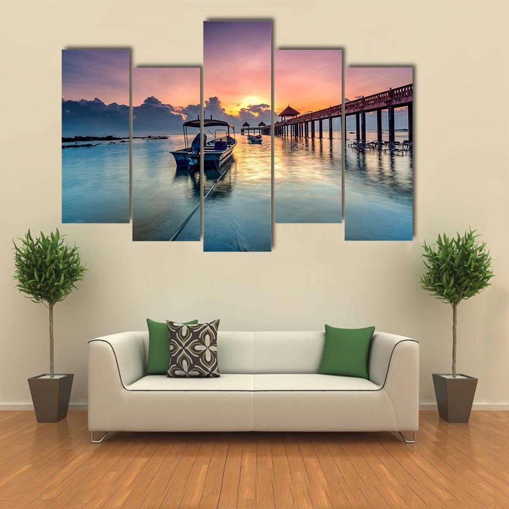 Sunrise With Stone Jetty Canvas Wall Art-5 Pop-Gallery Wrap-47" x 32"-Tiaracle