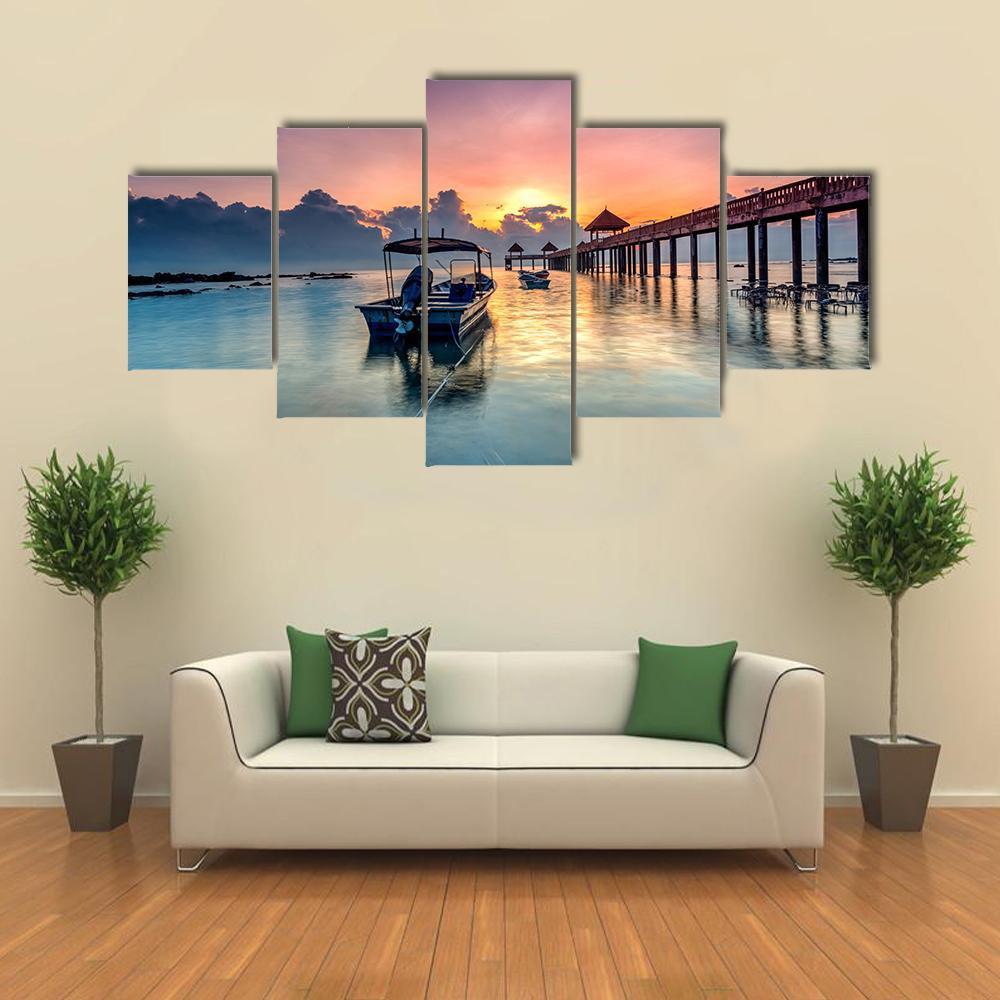Sunrise With Stone Jetty Canvas Wall Art-5 Star-Gallery Wrap-62" x 32"-Tiaracle