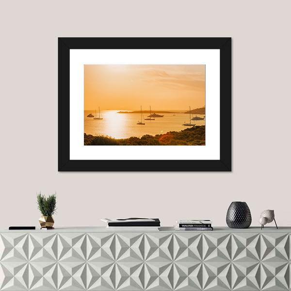 Sunrise With Yacht And Ships In Porto Rotondo Canvas Wall Art-1 Piece-Framed Print-20" x 16"-Tiaracle