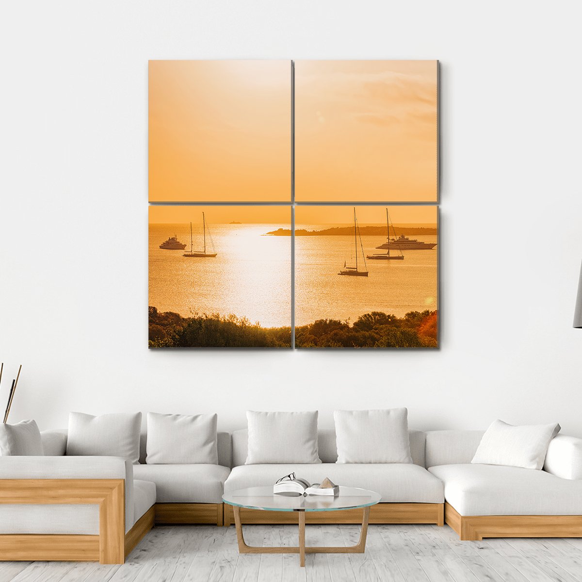 Sunrise With Yacht And Ships In Porto Rotondo Canvas Wall Art-4 Square-Gallery Wrap-17" x 17"-Tiaracle