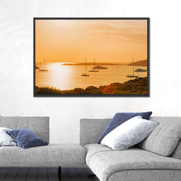 Sunrise With Yacht And Ships In Porto Rotondo Canvas Wall Art-3 Horizontal-Gallery Wrap-25" x 16"-Tiaracle