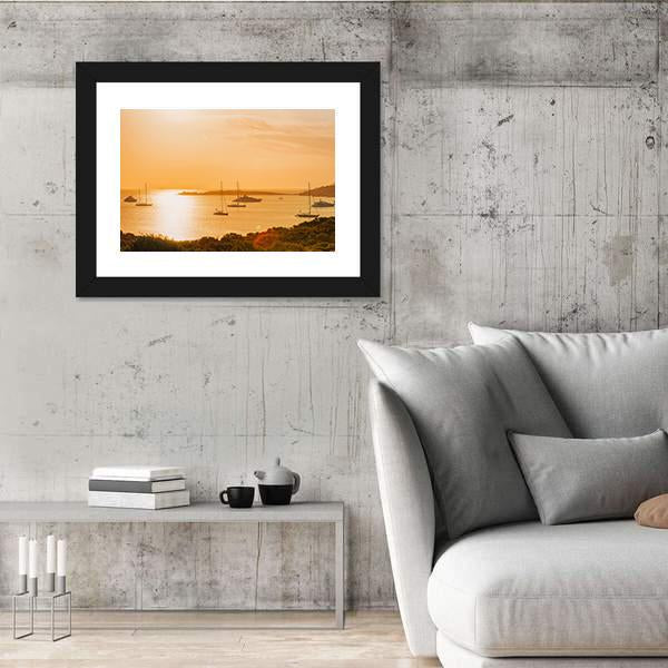 Sunrise With Yacht And Ships In Porto Rotondo Canvas Wall Art-3 Horizontal-Gallery Wrap-25" x 16"-Tiaracle
