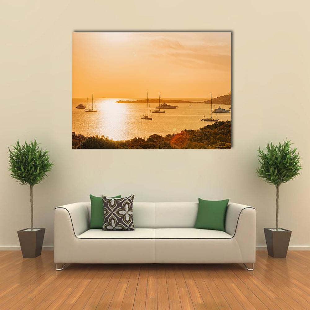 Sunrise With Yacht And Ships In Porto Rotondo Canvas Wall Art-1 Piece-Gallery Wrap-48" x 32"-Tiaracle