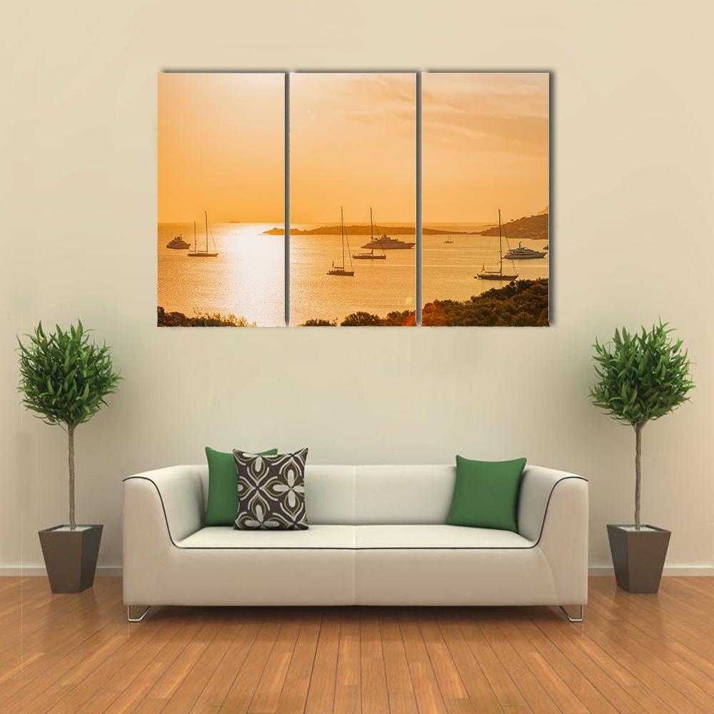 Sunrise With Yacht And Ships In Porto Rotondo Canvas Wall Art-3 Horizontal-Gallery Wrap-37" x 24"-Tiaracle