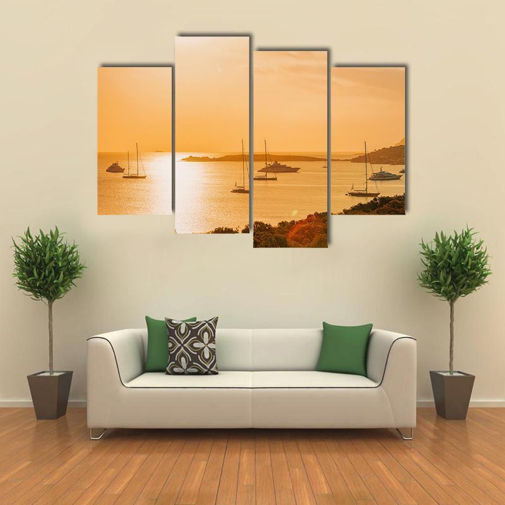 Sunrise With Yacht And Ships In Porto Rotondo Canvas Wall Art-4 Pop-Gallery Wrap-50" x 32"-Tiaracle
