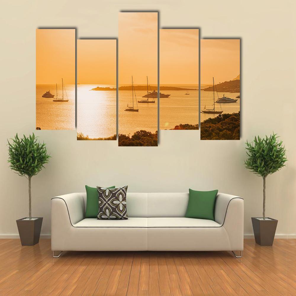 Sunrise With Yacht And Ships In Porto Rotondo Canvas Wall Art-5 Pop-Gallery Wrap-47" x 32"-Tiaracle