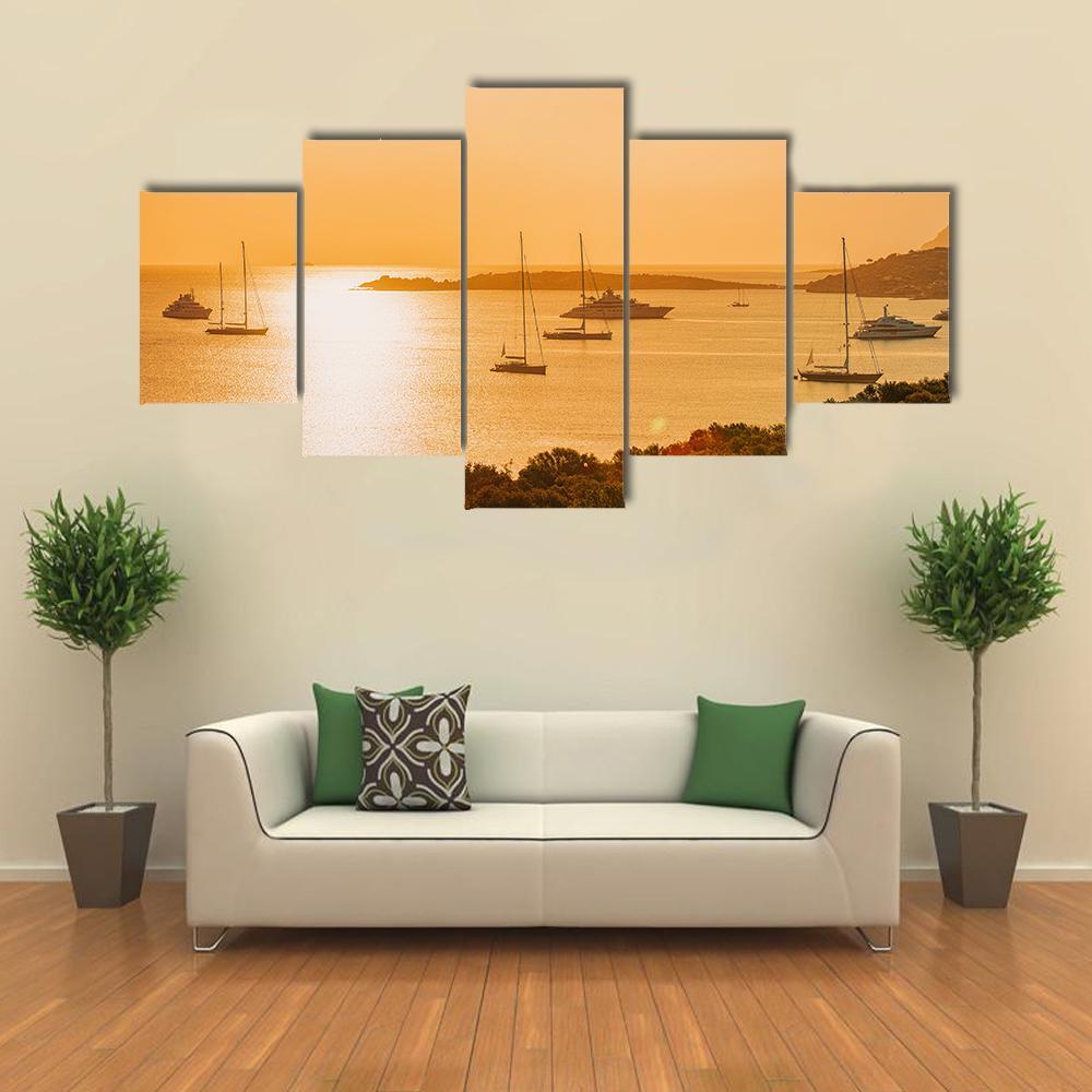 Sunrise With Yacht And Ships In Porto Rotondo Canvas Wall Art-5 Star-Gallery Wrap-62" x 32"-Tiaracle