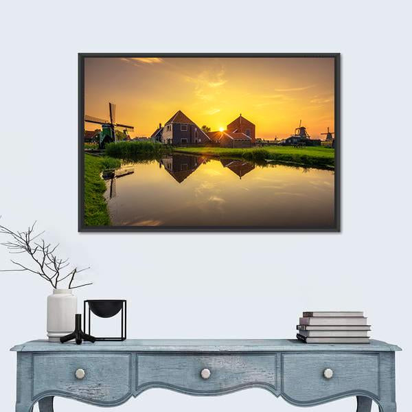 Sunset Above Farm Houses And Windmills Canvas Wall Art-1 Piece-Floating Frame-24" x 16"-Tiaracle