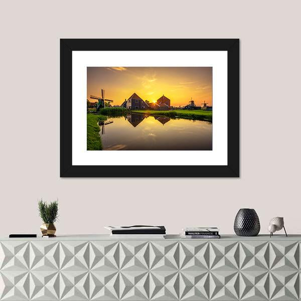 Sunset Above Farm Houses And Windmills Canvas Wall Art-1 Piece-Framed Print-20" x 16"-Tiaracle
