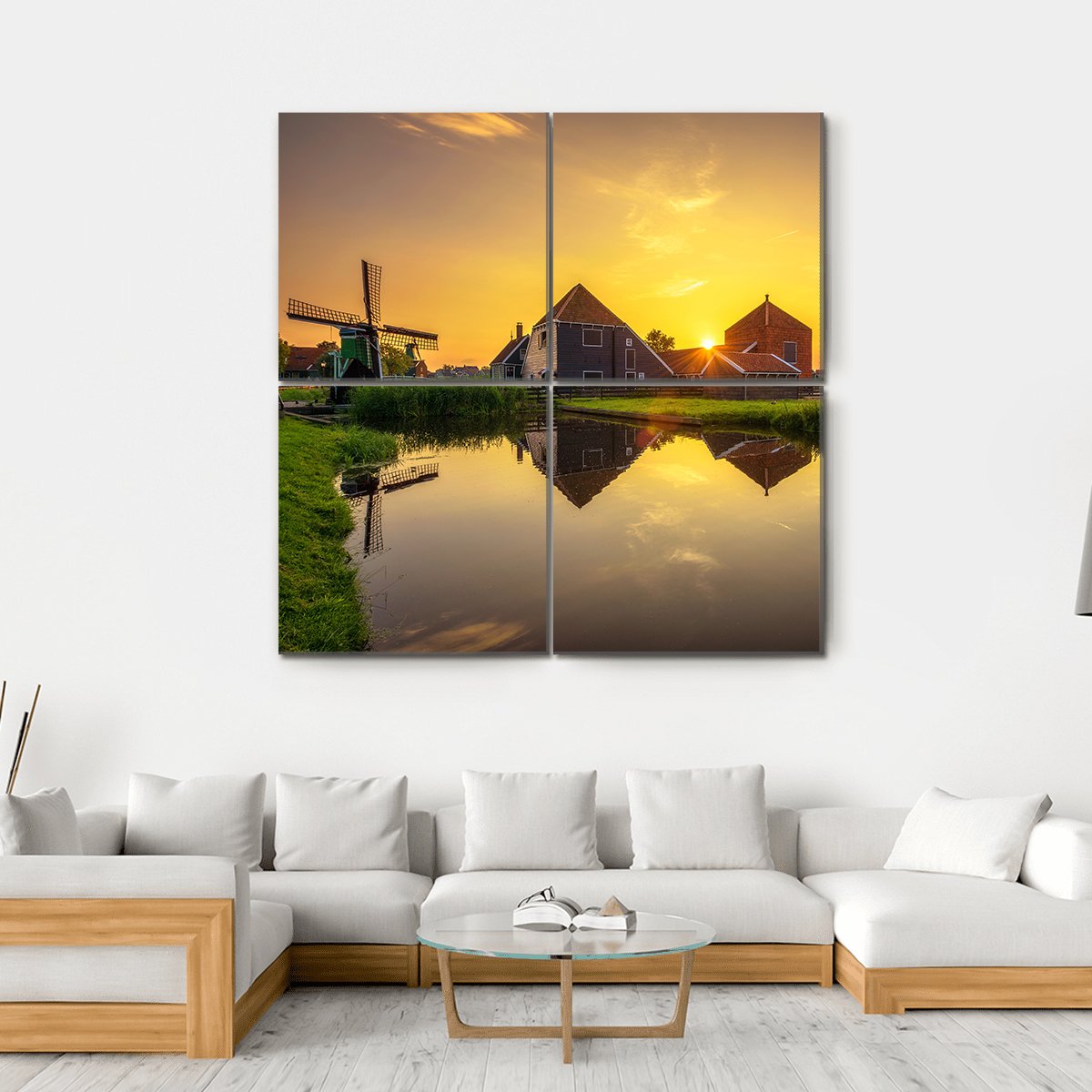 Sunset Above Farm Houses And Windmills Canvas Wall Art-4 Square-Gallery Wrap-17" x 17"-Tiaracle