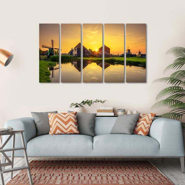 Sunset Above Farm Houses And Windmills Canvas Wall Art-5 Horizontal-Gallery Wrap-22" x 12"-Tiaracle