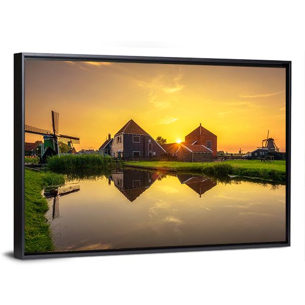 Sunset Above Farm Houses And Windmills Canvas Wall Art-3 Horizontal-Gallery Wrap-25" x 16"-Tiaracle