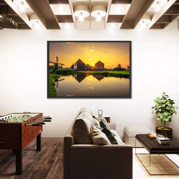 Sunset Above Farm Houses And Windmills Canvas Wall Art-3 Horizontal-Gallery Wrap-25" x 16"-Tiaracle