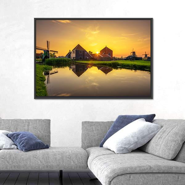Sunset Above Farm Houses And Windmills Canvas Wall Art-3 Horizontal-Gallery Wrap-25" x 16"-Tiaracle
