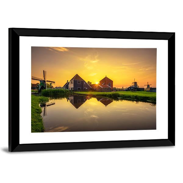 Sunset Above Farm Houses And Windmills Canvas Wall Art-3 Horizontal-Gallery Wrap-25" x 16"-Tiaracle