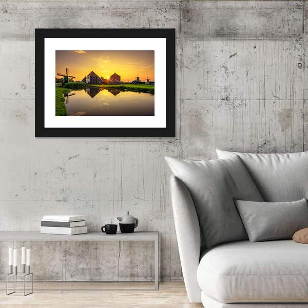 Sunset Above Farm Houses And Windmills Canvas Wall Art-3 Horizontal-Gallery Wrap-25" x 16"-Tiaracle