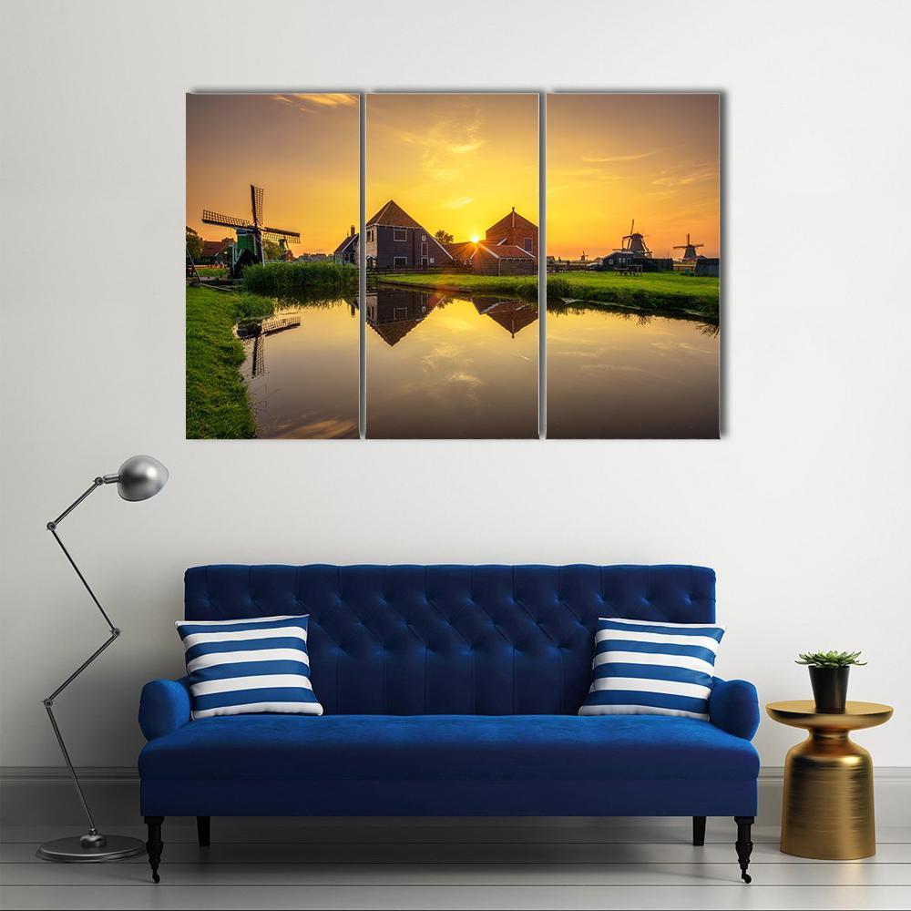 Sunset Above Farm Houses And Windmills Canvas Wall Art-3 Horizontal-Gallery Wrap-37" x 24"-Tiaracle