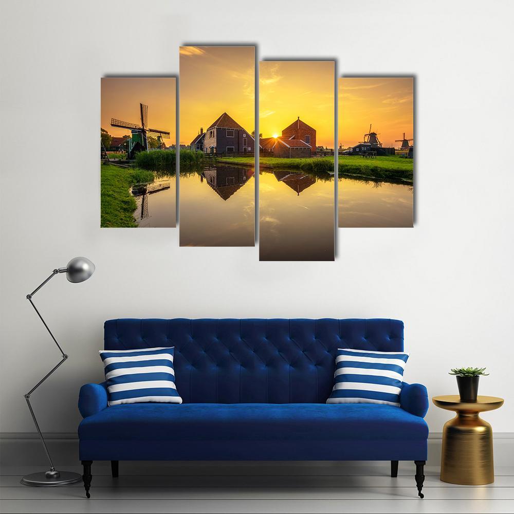 Sunset Above Farm Houses And Windmills Canvas Wall Art-4 Pop-Gallery Wrap-50" x 32"-Tiaracle