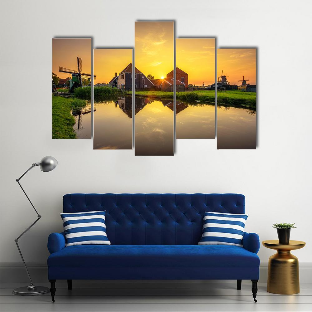 Sunset Above Farm Houses And Windmills Canvas Wall Art-5 Pop-Gallery Wrap-47" x 32"-Tiaracle