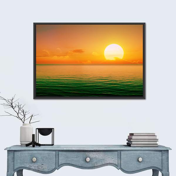 Sunset Above Green Sea Canvas Wall Art-1 Piece-Floating Frame-24" x 16"-Tiaracle