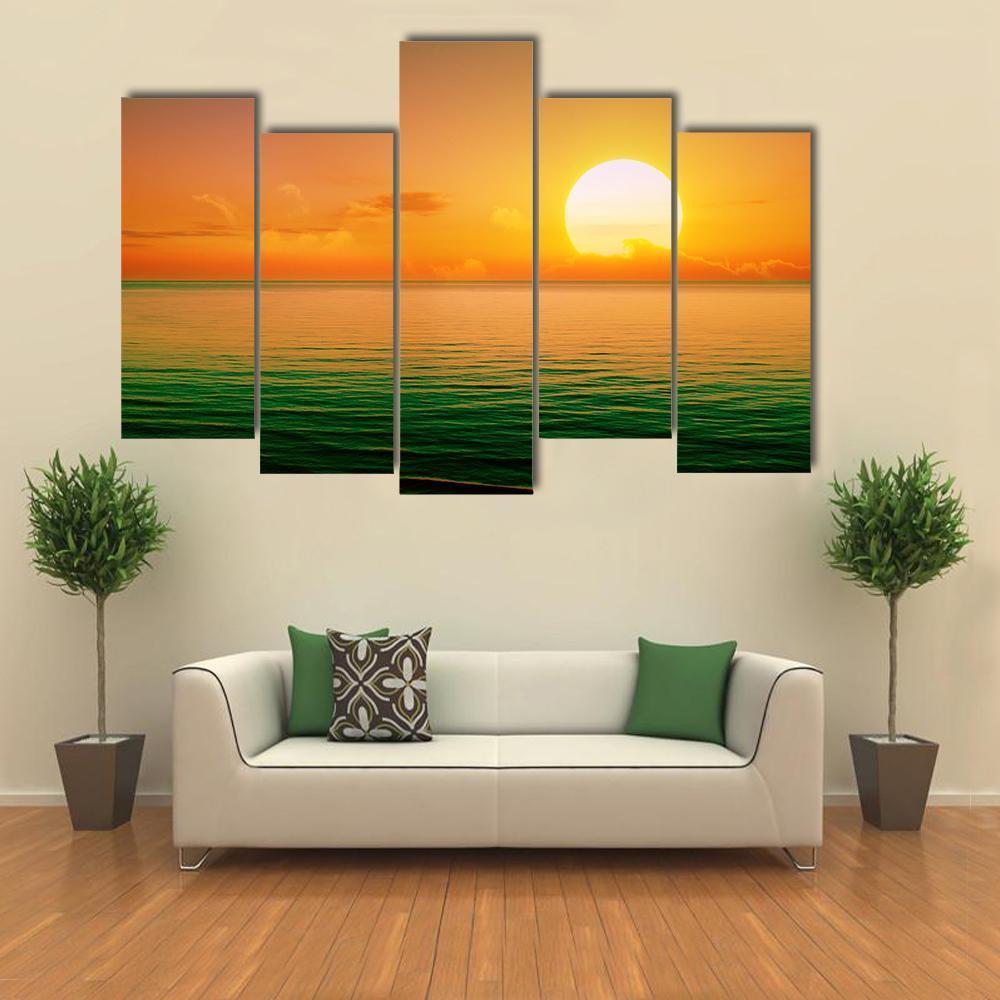 Sunset Above Green Sea Canvas Wall Art-5 Pop-Gallery Wrap-47" x 32"-Tiaracle