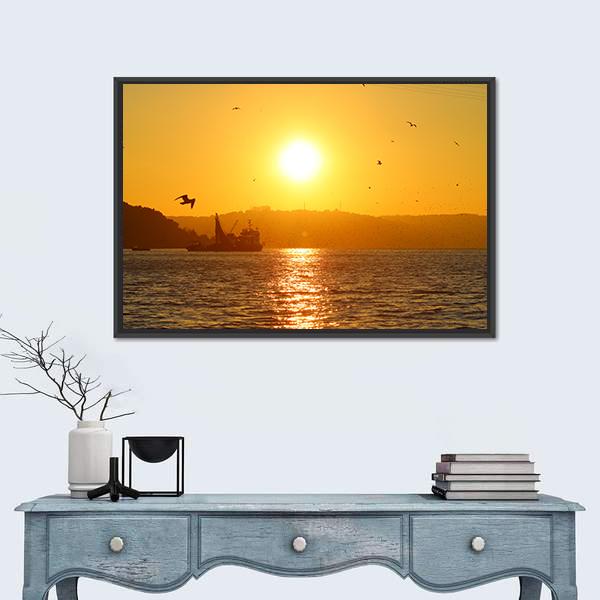Sunset And Fishing Boat In Sea Canvas Wall Art-1 Piece-Floating Frame-24" x 16"-Tiaracle