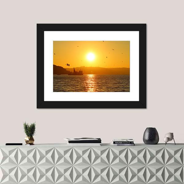 Sunset And Fishing Boat In Sea Canvas Wall Art-1 Piece-Framed Print-20" x 16"-Tiaracle