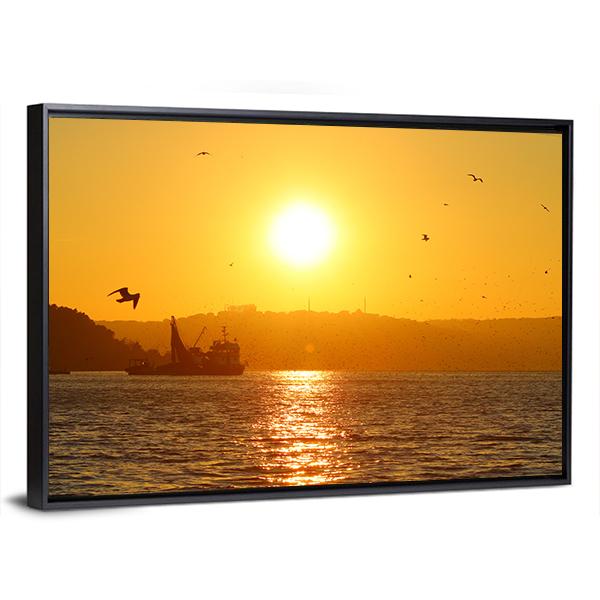 Sunset And Fishing Boat In Sea Canvas Wall Art-3 Horizontal-Gallery Wrap-25" x 16"-Tiaracle