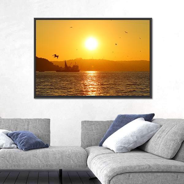 Sunset And Fishing Boat In Sea Canvas Wall Art-3 Horizontal-Gallery Wrap-25" x 16"-Tiaracle
