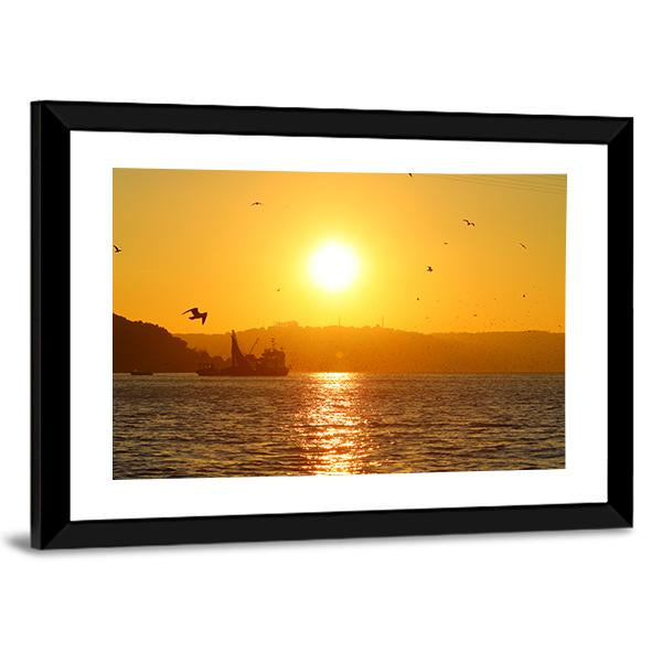 Sunset And Fishing Boat In Sea Canvas Wall Art-3 Horizontal-Gallery Wrap-25" x 16"-Tiaracle