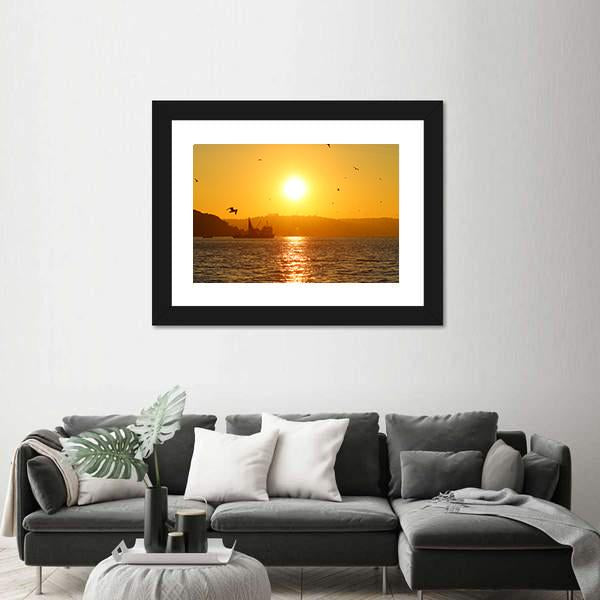 Sunset And Fishing Boat In Sea Canvas Wall Art-3 Horizontal-Gallery Wrap-25" x 16"-Tiaracle