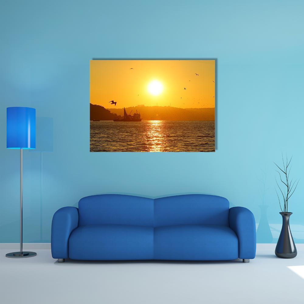 Sunset And Fishing Boat In Sea Canvas Wall Art-1 Piece-Gallery Wrap-48" x 32"-Tiaracle