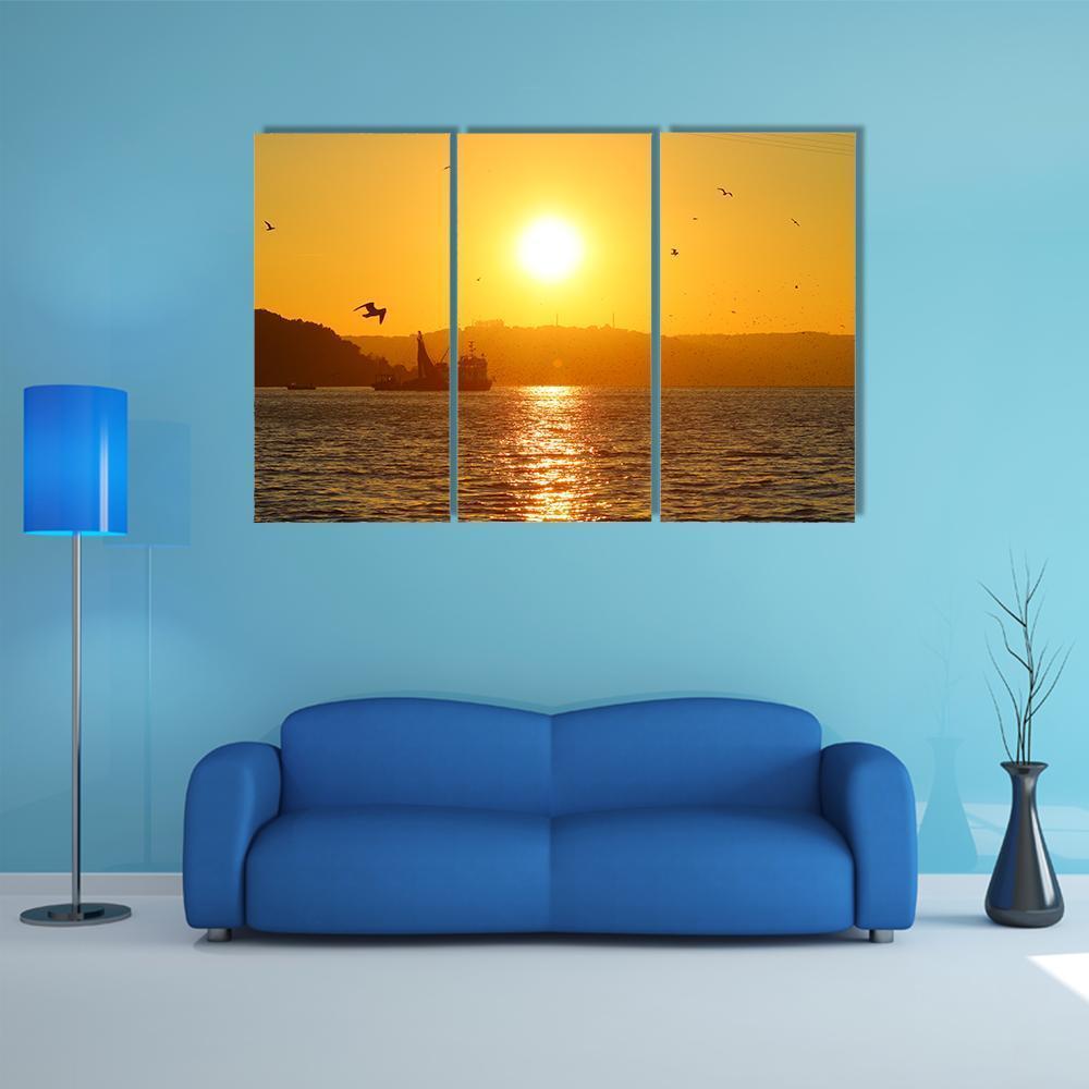 Sunset And Fishing Boat In Sea Canvas Wall Art-3 Horizontal-Gallery Wrap-37" x 24"-Tiaracle