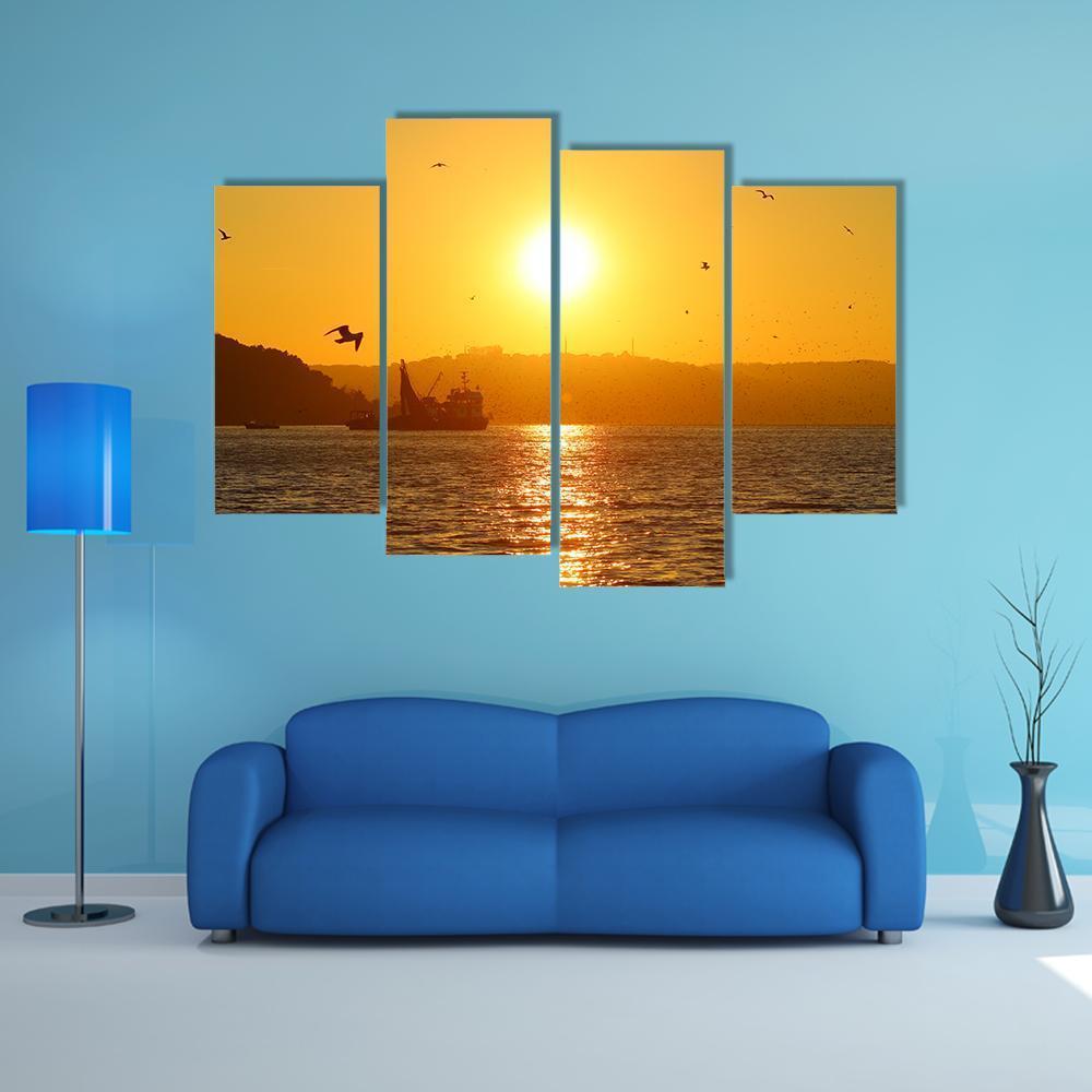 Sunset And Fishing Boat In Sea Canvas Wall Art-4 Pop-Gallery Wrap-50" x 32"-Tiaracle