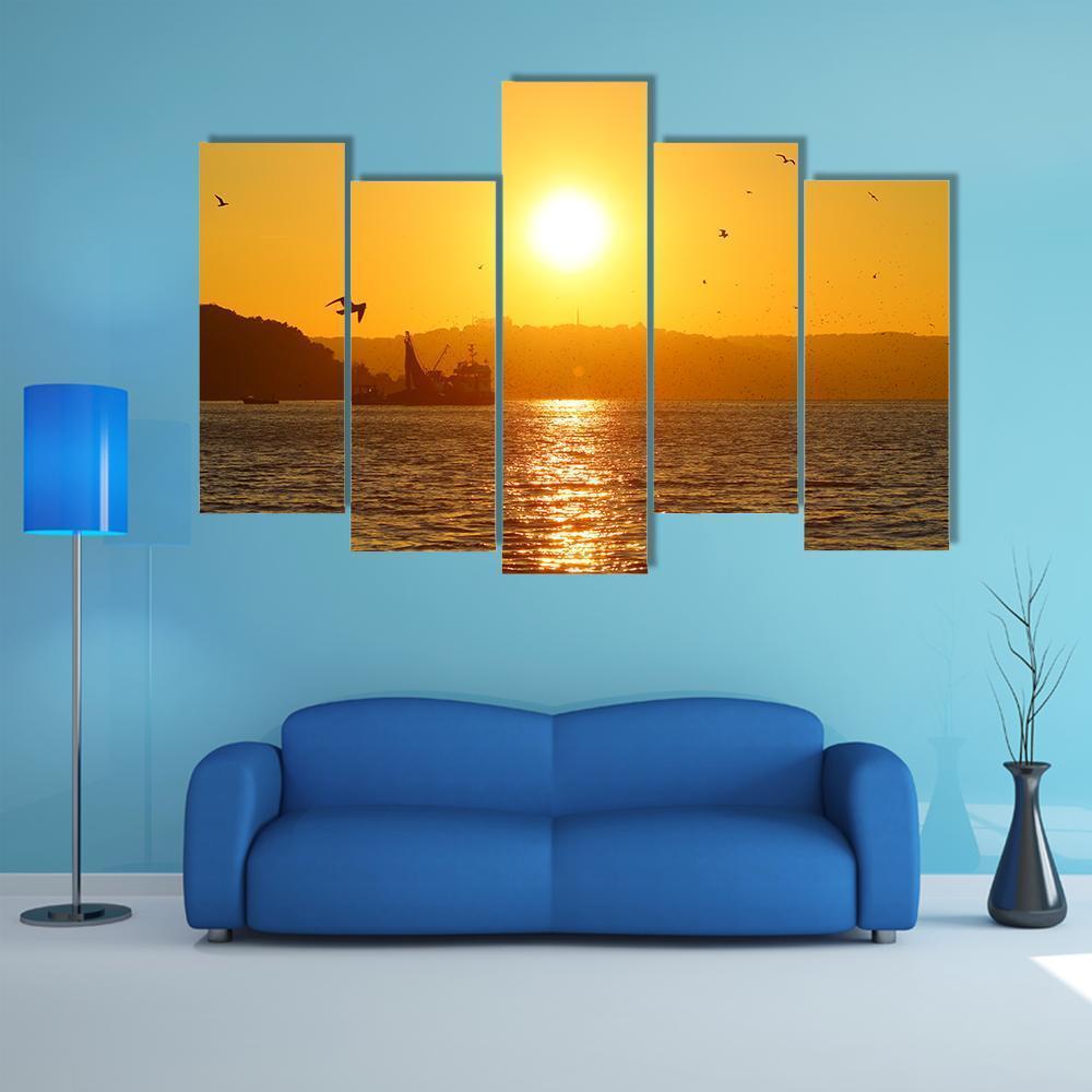 Sunset And Fishing Boat In Sea Canvas Wall Art-5 Pop-Gallery Wrap-47" x 32"-Tiaracle