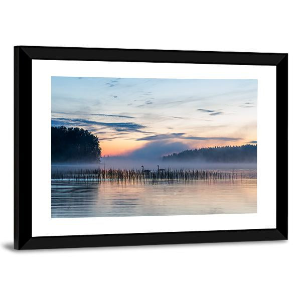 Sunset And Fog Over A Lake In Finland Canvas Wall Art-3 Horizontal-Gallery Wrap-25" x 16"-Tiaracle