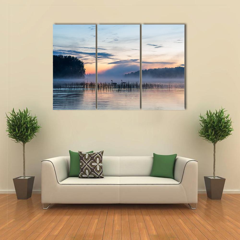 Sunset And Fog Over A Lake In Finland Canvas Wall Art-3 Horizontal-Gallery Wrap-37" x 24"-Tiaracle