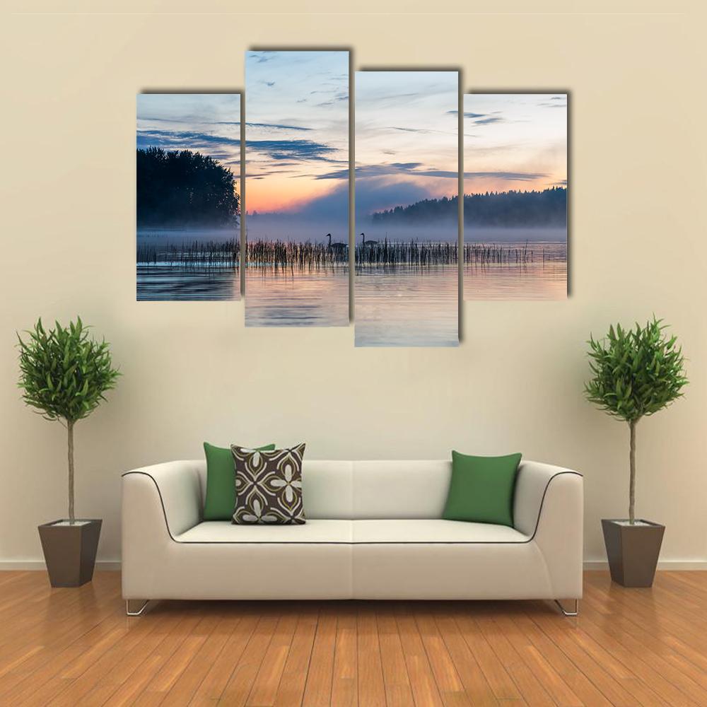 Sunset And Fog Over A Lake In Finland Canvas Wall Art-4 Pop-Gallery Wrap-50" x 32"-Tiaracle