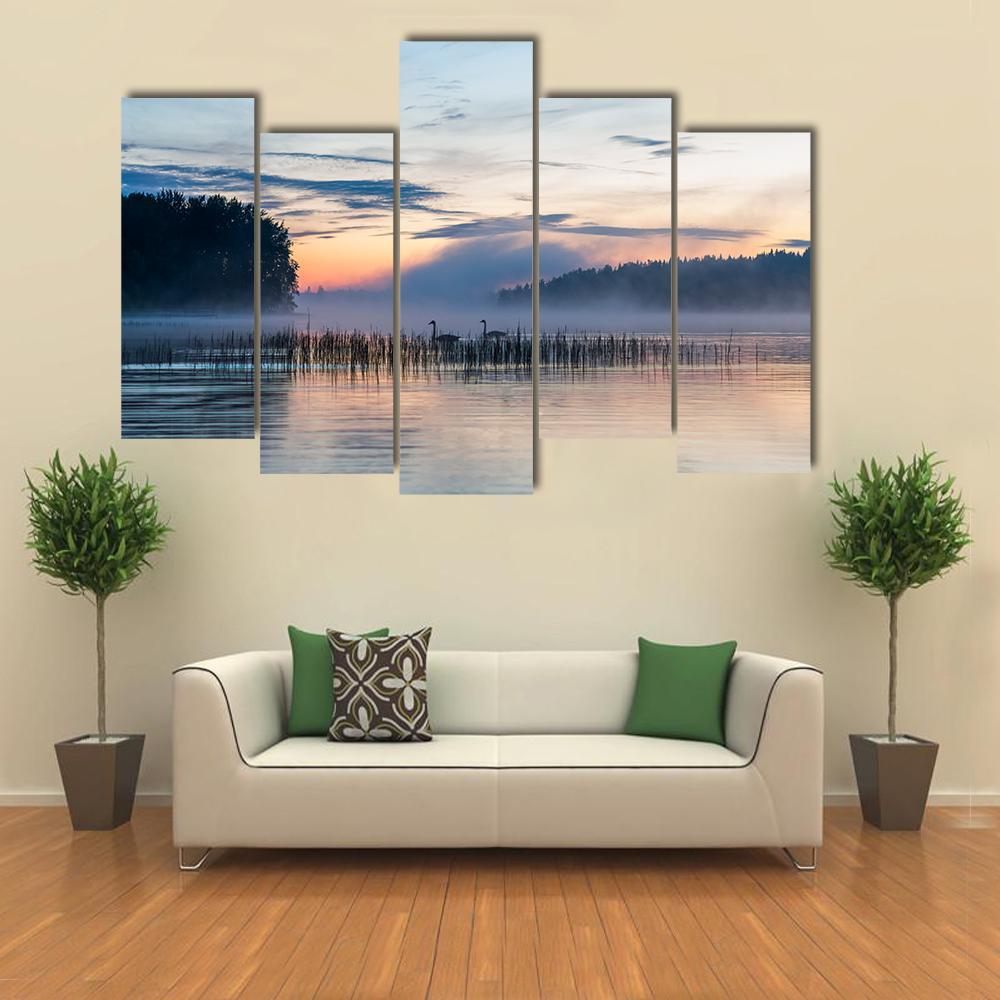 Sunset And Fog Over A Lake In Finland Canvas Wall Art-5 Pop-Gallery Wrap-47" x 32"-Tiaracle