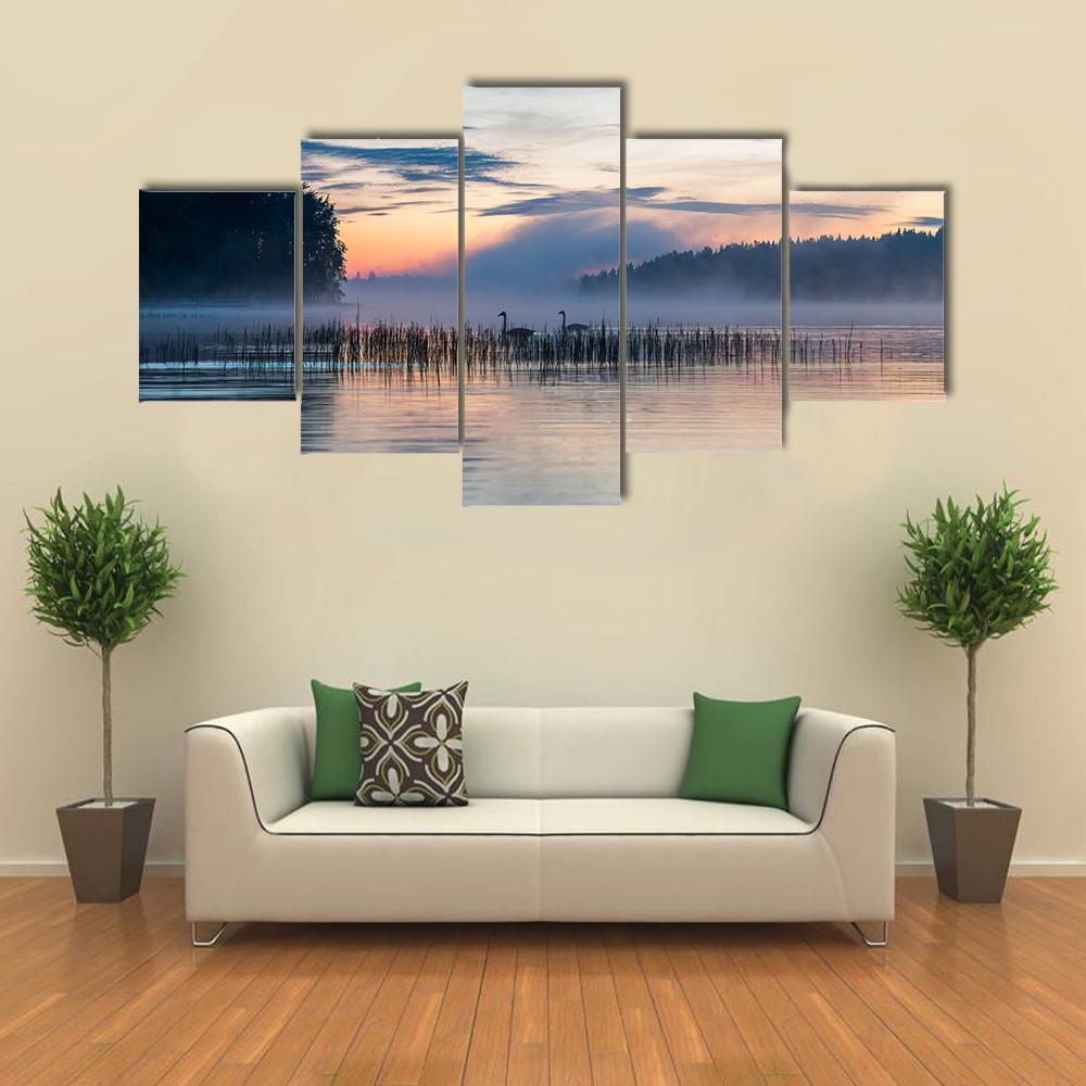 Sunset And Fog Over A Lake In Finland Canvas Wall Art-5 Star-Gallery Wrap-62" x 32"-Tiaracle