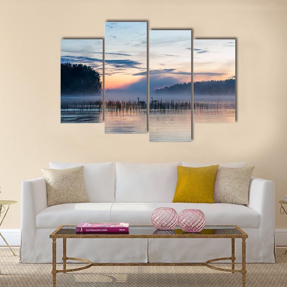 Sunset And Fog Over Lake In Finland Canvas Wall Art-4 Pop-Gallery Wrap-50" x 32"-Tiaracle