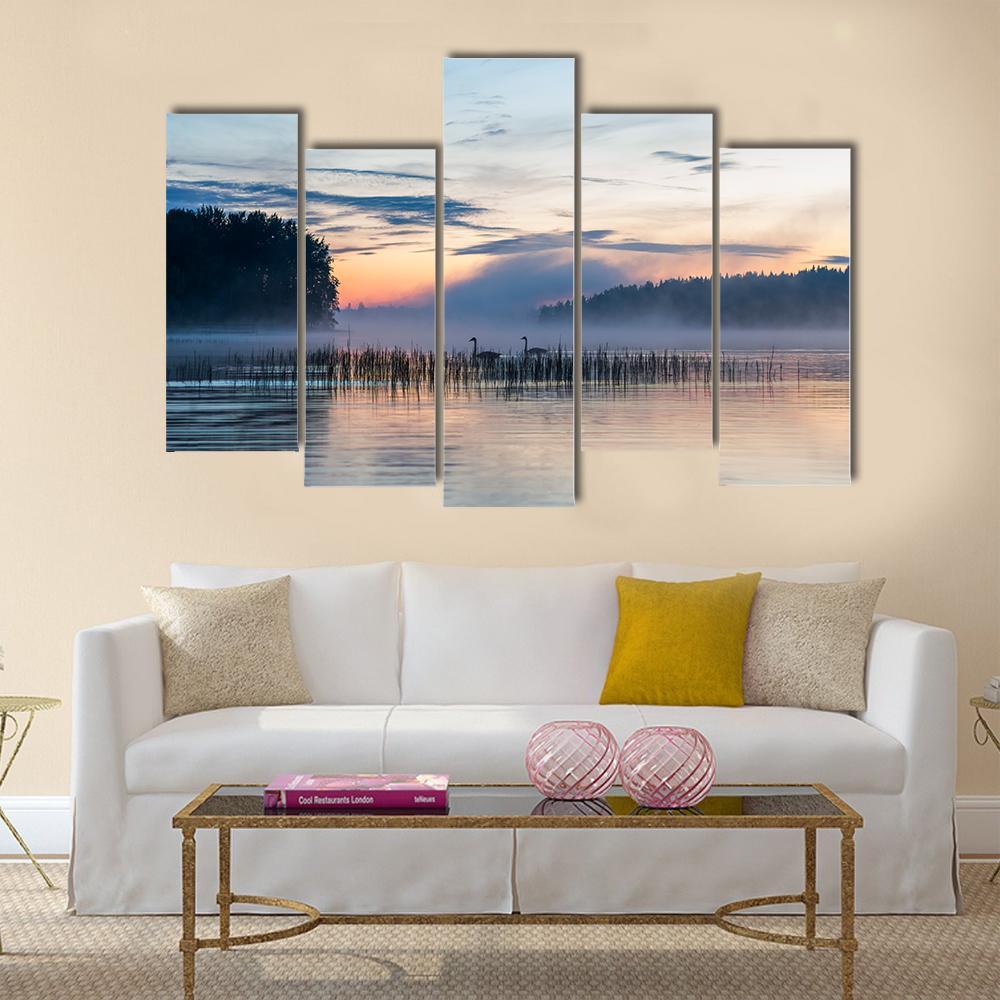 Sunset And Fog Over Lake In Finland Canvas Wall Art-5 Pop-Gallery Wrap-47" x 32"-Tiaracle