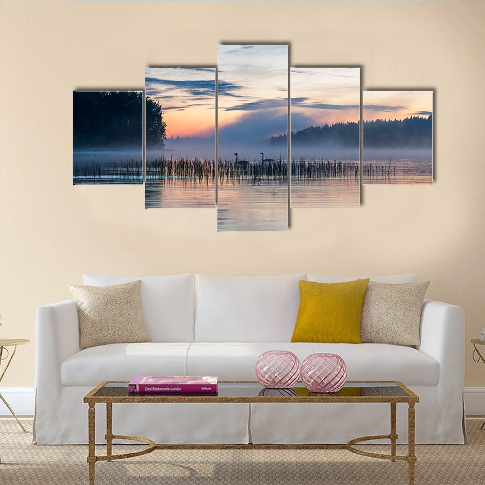 Sunset And Fog Over Lake In Finland Canvas Wall Art-5 Star-Gallery Wrap-62" x 32"-Tiaracle