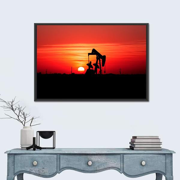 Sunset And Oilfield Pump Jack Canvas Wall Art-1 Piece-Floating Frame-24" x 16"-Tiaracle
