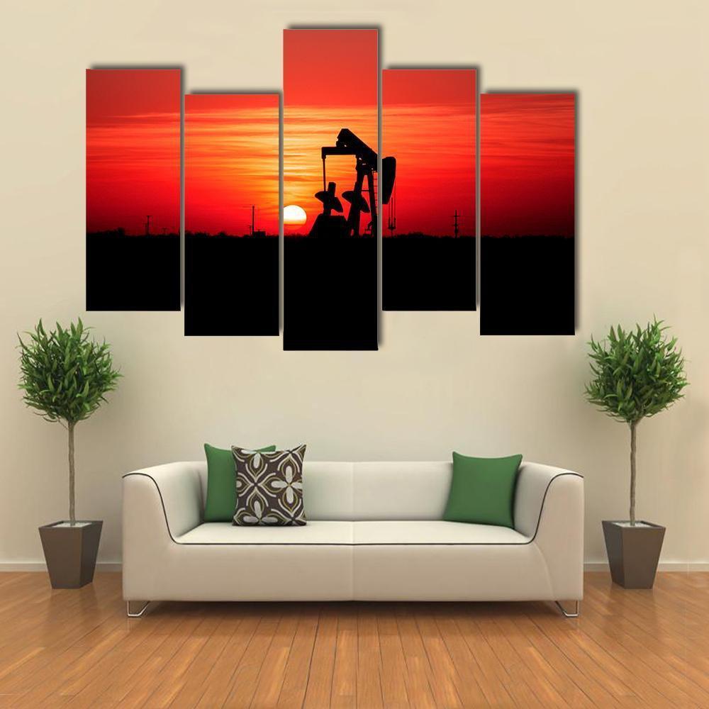 Sunset And Oilfield Pump Jack Canvas Wall Art-5 Pop-Gallery Wrap-47&quot; x 32&quot;-Tiaracle