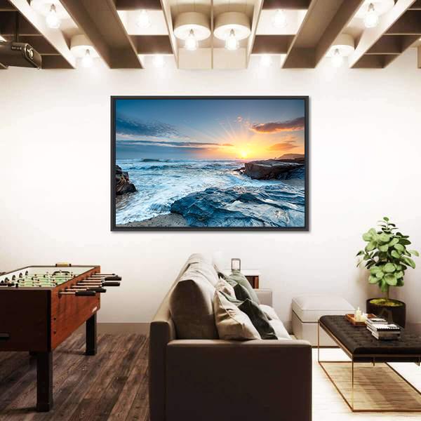 Sunset And Waves At Booby's Bay Canvas Wall Art-3 Horizontal-Gallery Wrap-25" x 16"-Tiaracle