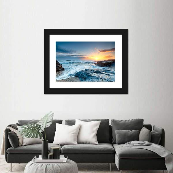 Sunset And Waves At Booby's Bay Canvas Wall Art-3 Horizontal-Gallery Wrap-25" x 16"-Tiaracle