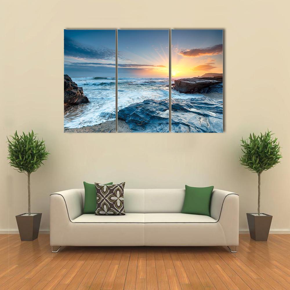 Sunset And Waves At Booby's Bay Canvas Wall Art-3 Horizontal-Gallery Wrap-37" x 24"-Tiaracle